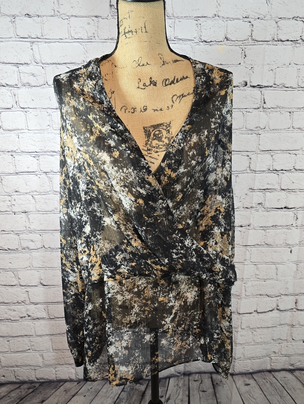 H by Halston Black & Gold Abstract Faux Wrap Blouse 3X—XXXL